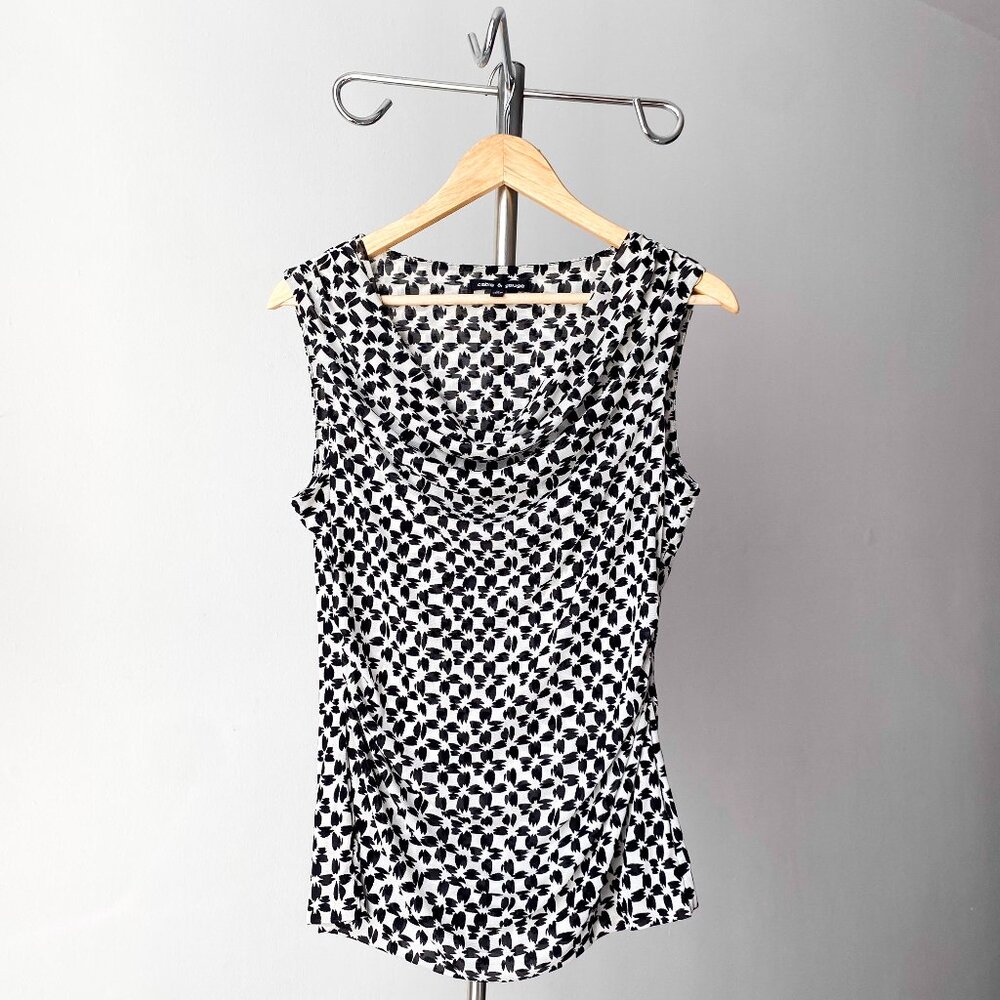 🍂 Y2K Vintage Black & White Geometric Floral Cowl Neck Tank Top